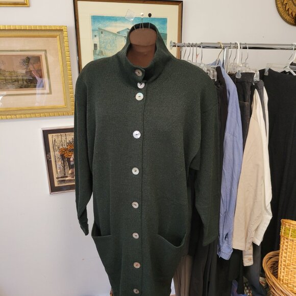 Vintage 80's Helen Hsu Green Knit Sweater Dress or Coat Size Small - Picture 2 of 7